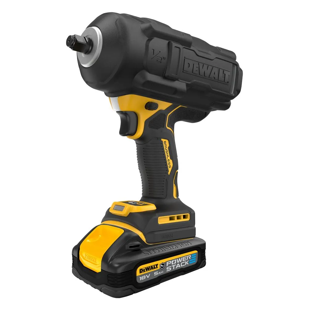 Pildil on näha DeWalt 18V Power Stack akuga löökmutrikeeraja, mille küljel on kiri "BRUSHLESS".