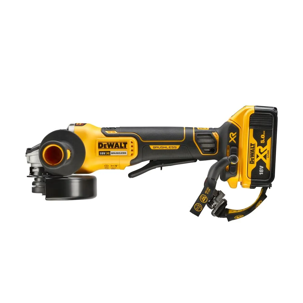 Pildil on näha kollane ja must DeWalt DCG406P2LRT akunurklihvija, millel on 5.0Ah aku ja turvapaela.