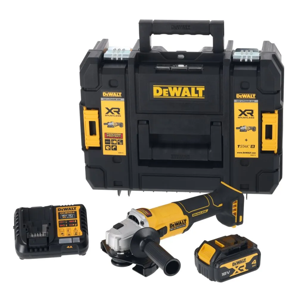Pildil on näha Dewalt DCG407M1T akunurklihvija koos laadija, aku ja hoiukohvriga.