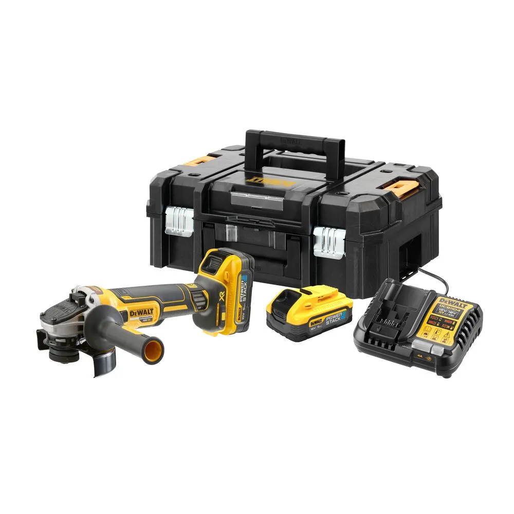 Pildil on näha DeWalt Flexvolt Advantage DCG409H2T akunurklihvija koos akude, laadija ja hoiukastiga.