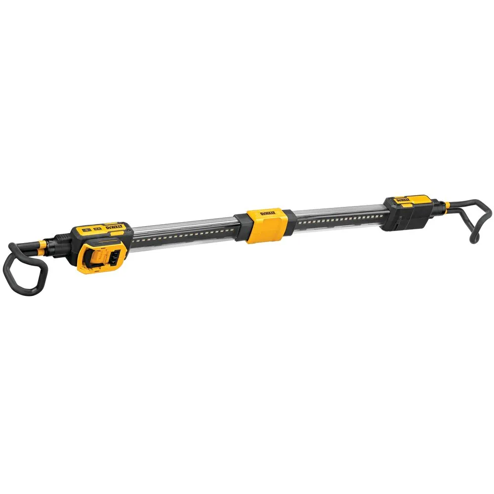 Pildil on näha Dewalt kapotialune LED-valgusti DCL045, millel on mustad ja kollased akupesaosad ning pikk LED-riba.