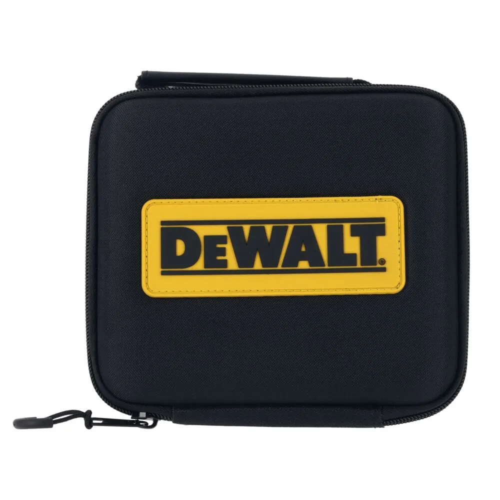 Pildil on näha musta värvi DeWalti logoga hoiukott, mis on mõeldud ristlaserile DeWalt DCLE14201RB.