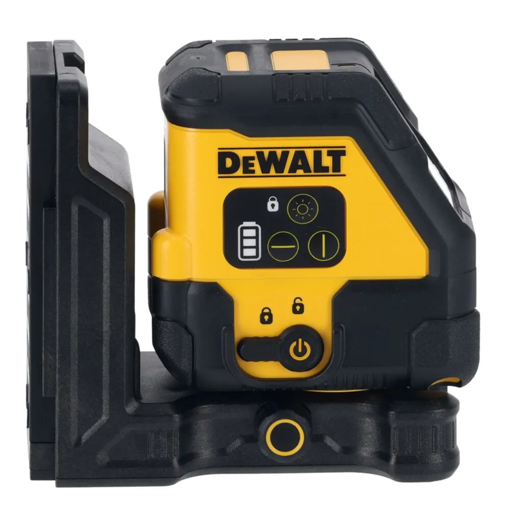 Pildil on näha DeWalt ristlaser DCLE14201RB, mis on paigutatud mustale kinnitusplaadile ja millel on selgelt näha...