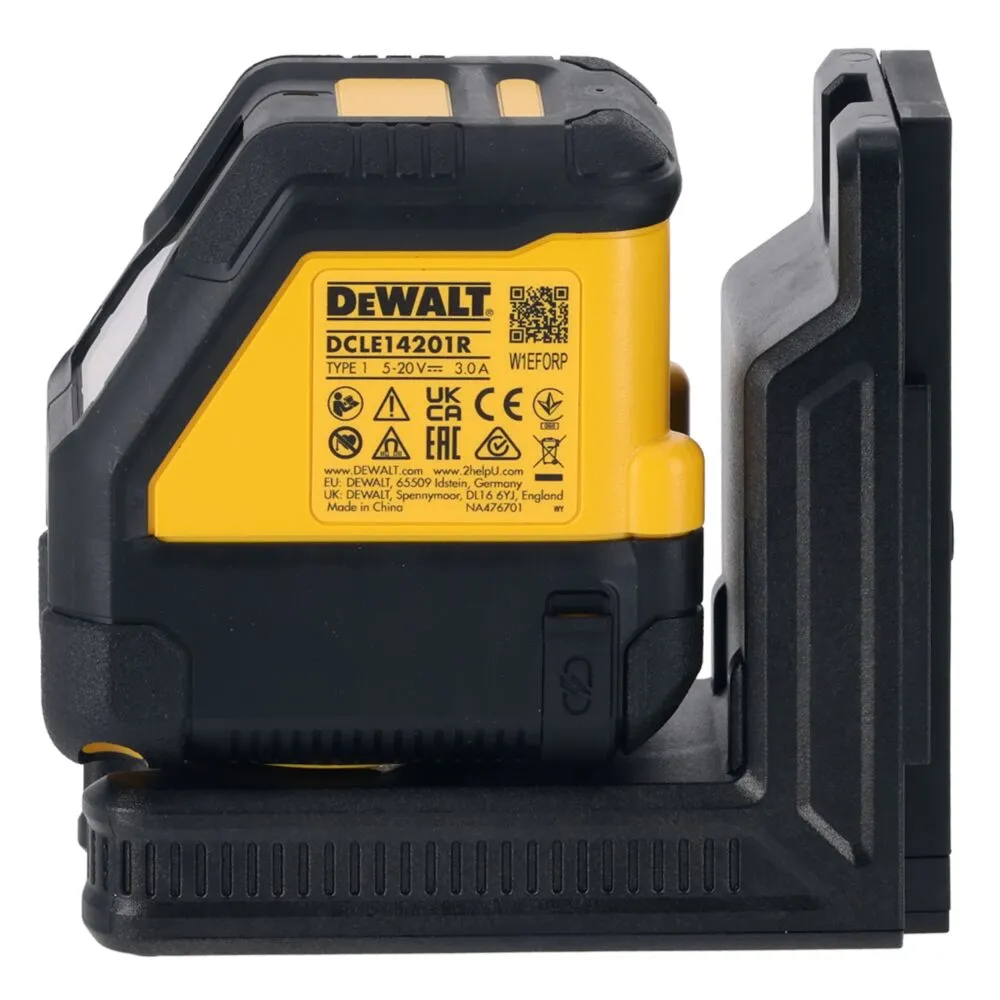 Pildil on näha DeWalt ristlaser DCLE14201RB, mis on asetatud oma mustale alusele.