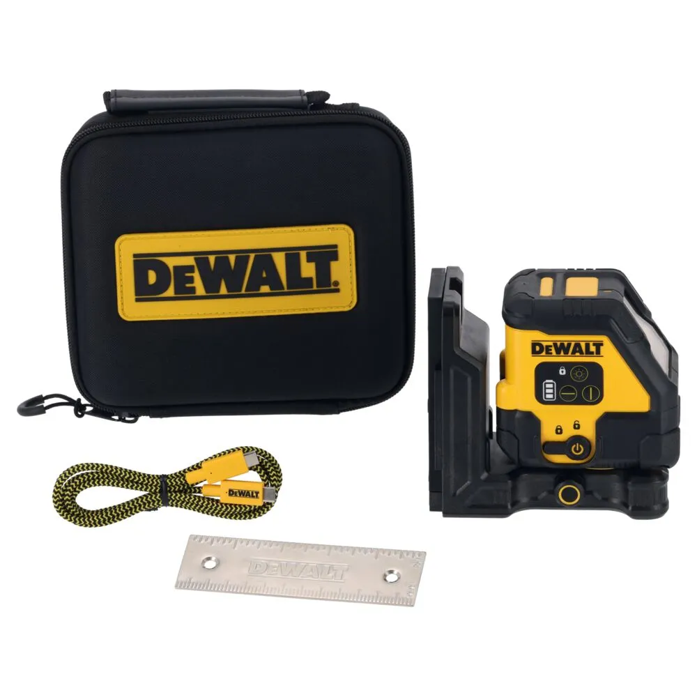 Pildil on DeWalt ristlaser DCLE14201RB koos hoiukoti, laadimiskaabli ja mõõdulatiga.