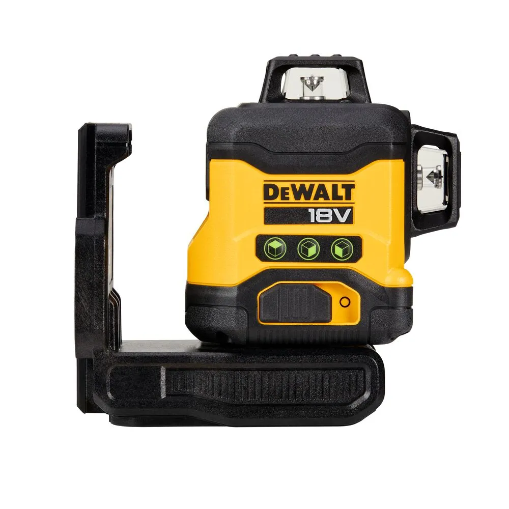 Pildil on näha DeWalt 18V ristlaser, mis on kollast ja musta värvi ning mille küljes on must kinnitusosa.