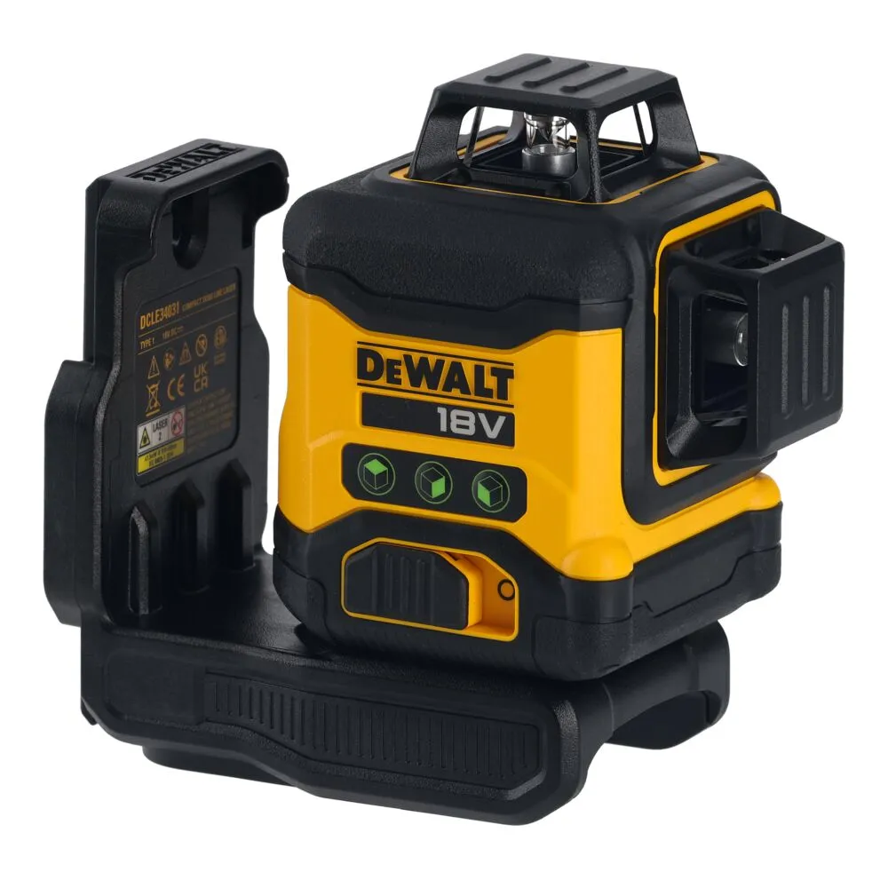 Pildil on näha DeWalt ristlaser DCLE34031N koos akualuse ja külge kinnitatud küljekorpusega.