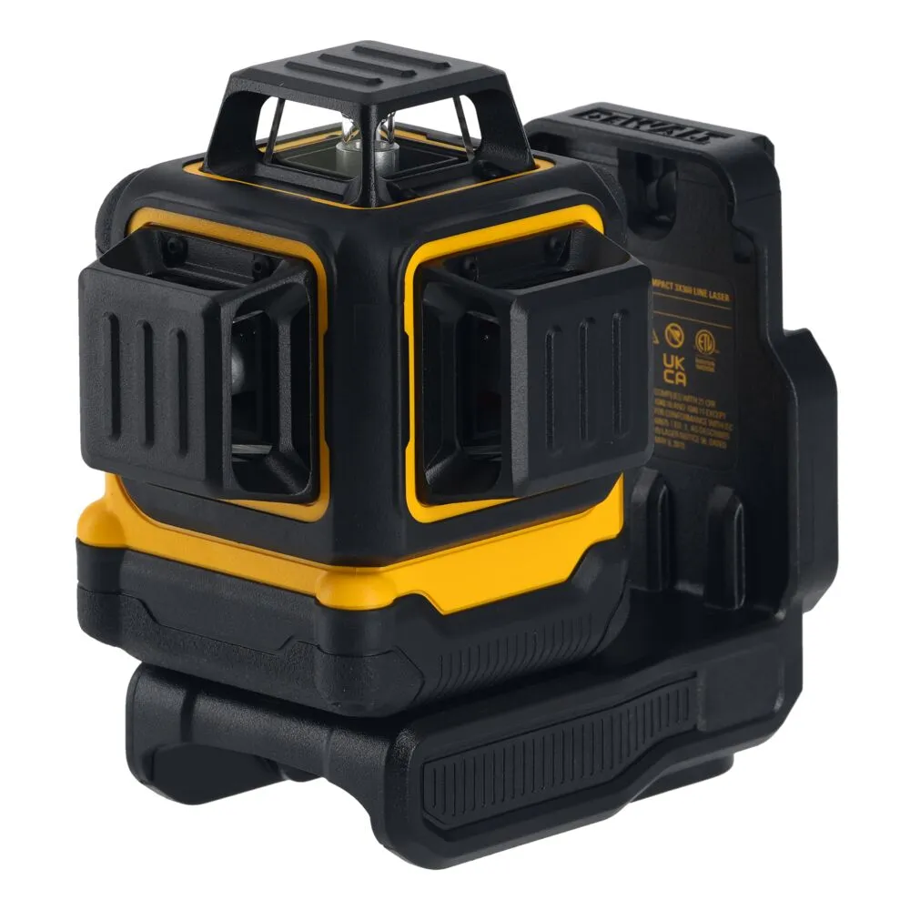 Pildil on näha DeWalt ristlaser DCLE34031N, mis on musta ja kollase värvi kompaktne tööriist.