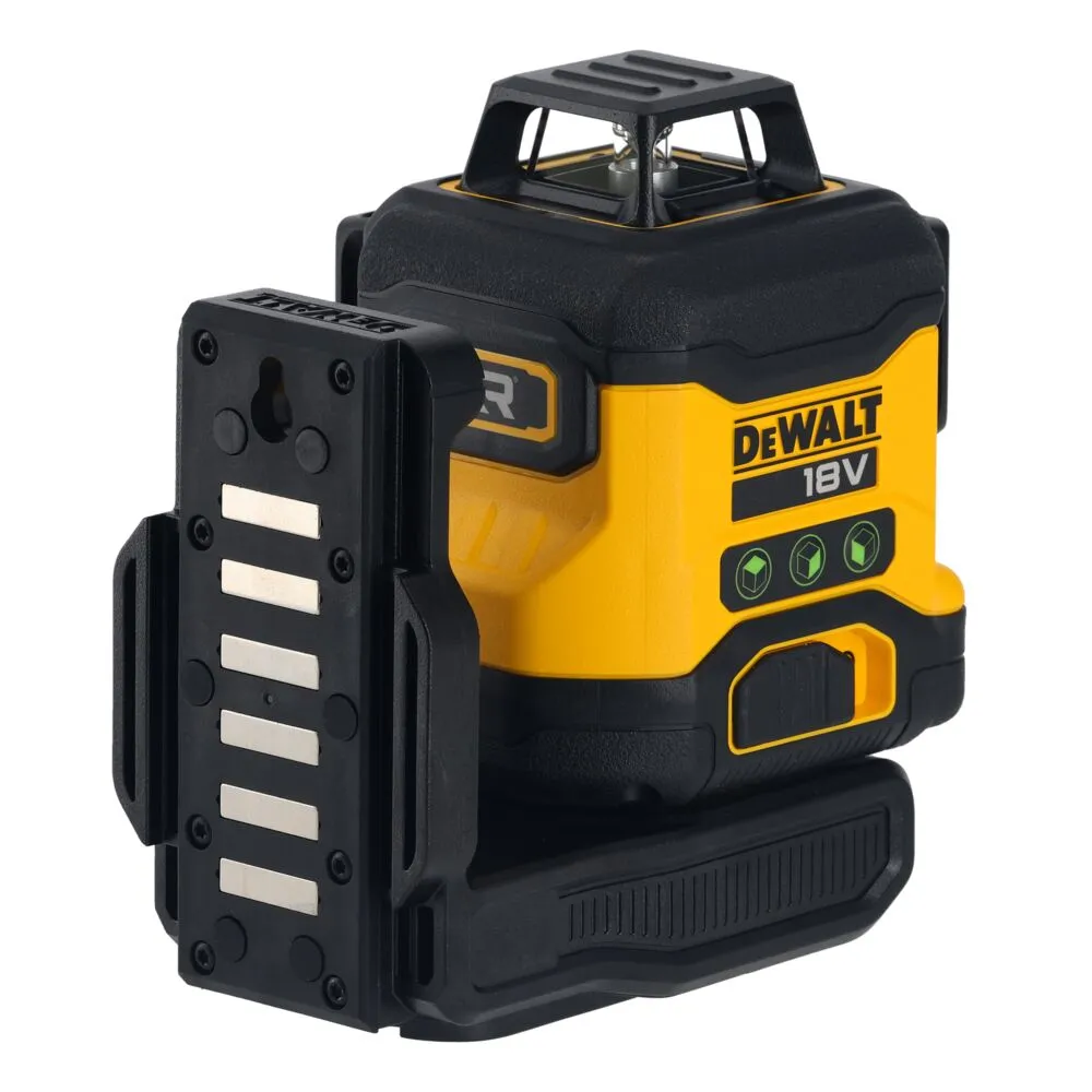 Pildil on kujutatud DeWalt ristlaser DCLE34031N, mille küljes on magnetiline kinnitusklamber, kuid aku ja laadija puuduvad.