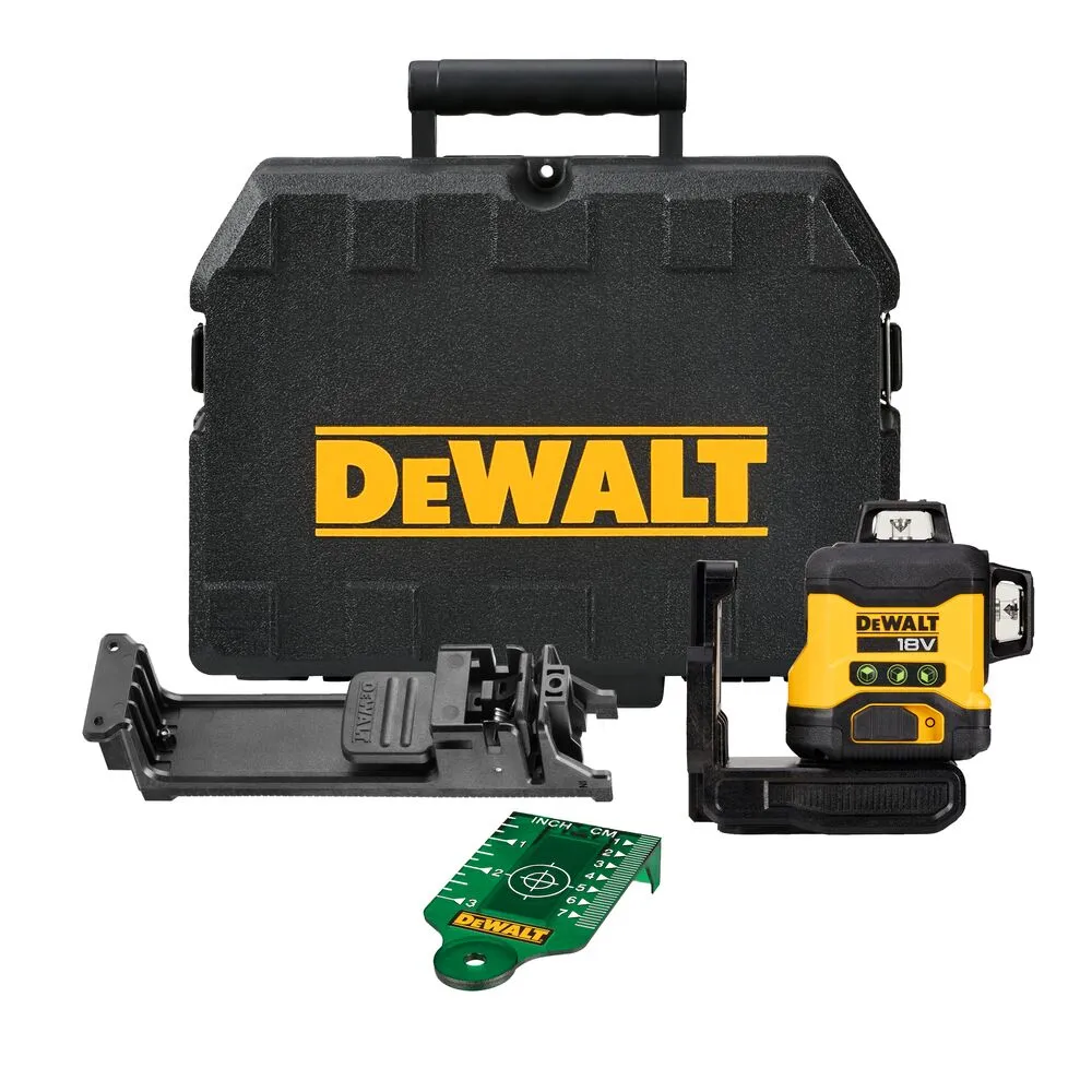Pildil on DeWalt ristlaser DCLE34031N, mis on mustas transpordikohvris koos vajalike tarvikutega.