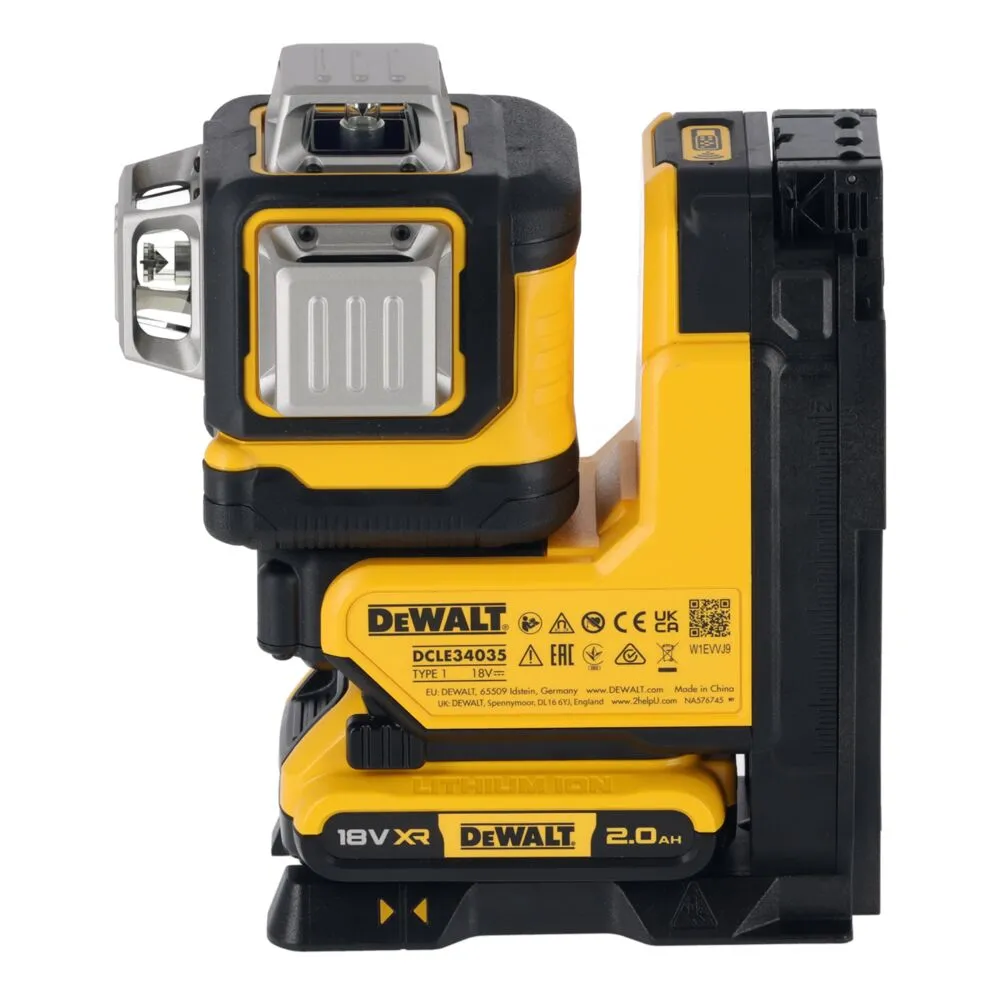 Pildil on kujutatud DeWalt ristlaser DCLE34035D1, millel on kollane ja must korpus ning allpool akupakk.