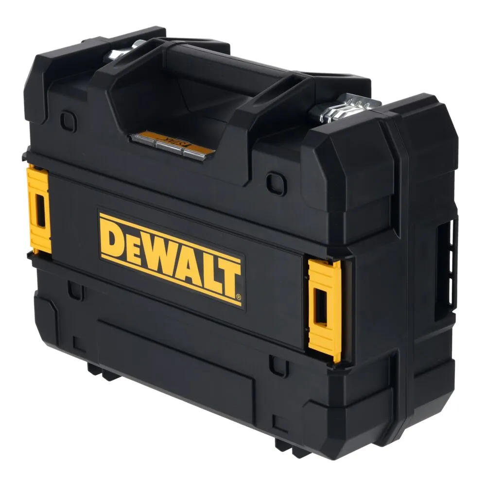 Pildil on must DeWalt ristlaseriga hoiukast, millel on kollased aktsendid ja DeWalts bränding.