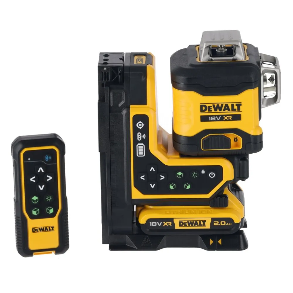 Pildil on kujutatud DeWalt ristlaser koos kaugjuhtimispuldiga.