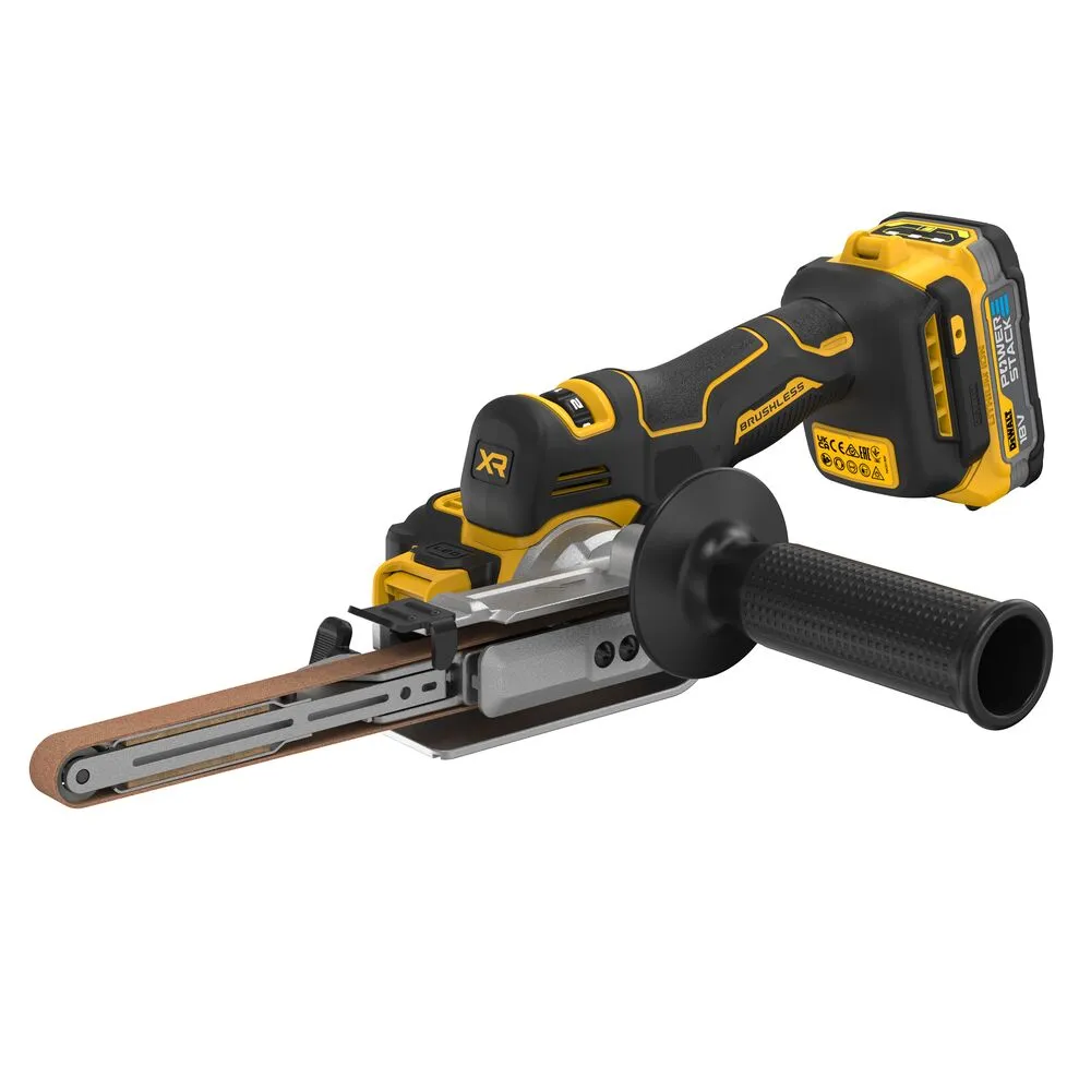 Pildil on DeWalt akulintlihvija, mis on esitatud valgel taustal ja näitab seadme detaile, nagu lihvlint, käepide ja aku.