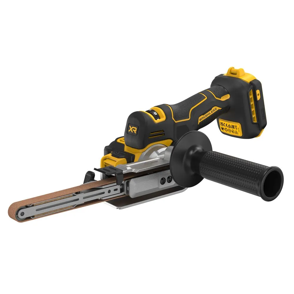 Pildil on DeWalt akulintlihvija DCM200NT, mis on ilma aku ja laadijata, näidates seadet tervikuna, sealhulgas lihvlinti...