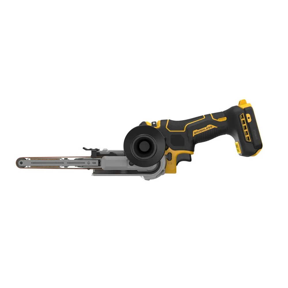 Pildil on DeWalt akulintlihvija DCM200NT, mis on ilma aku ja laadijata, näidates tööriista enda disaini ja omadusi.