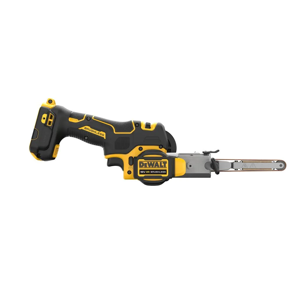 Pildil on DeWalt akulintlihvija DCM200NT, mis on varustatud musta ja kollase värviga ning millel on näha lihvlint ja...