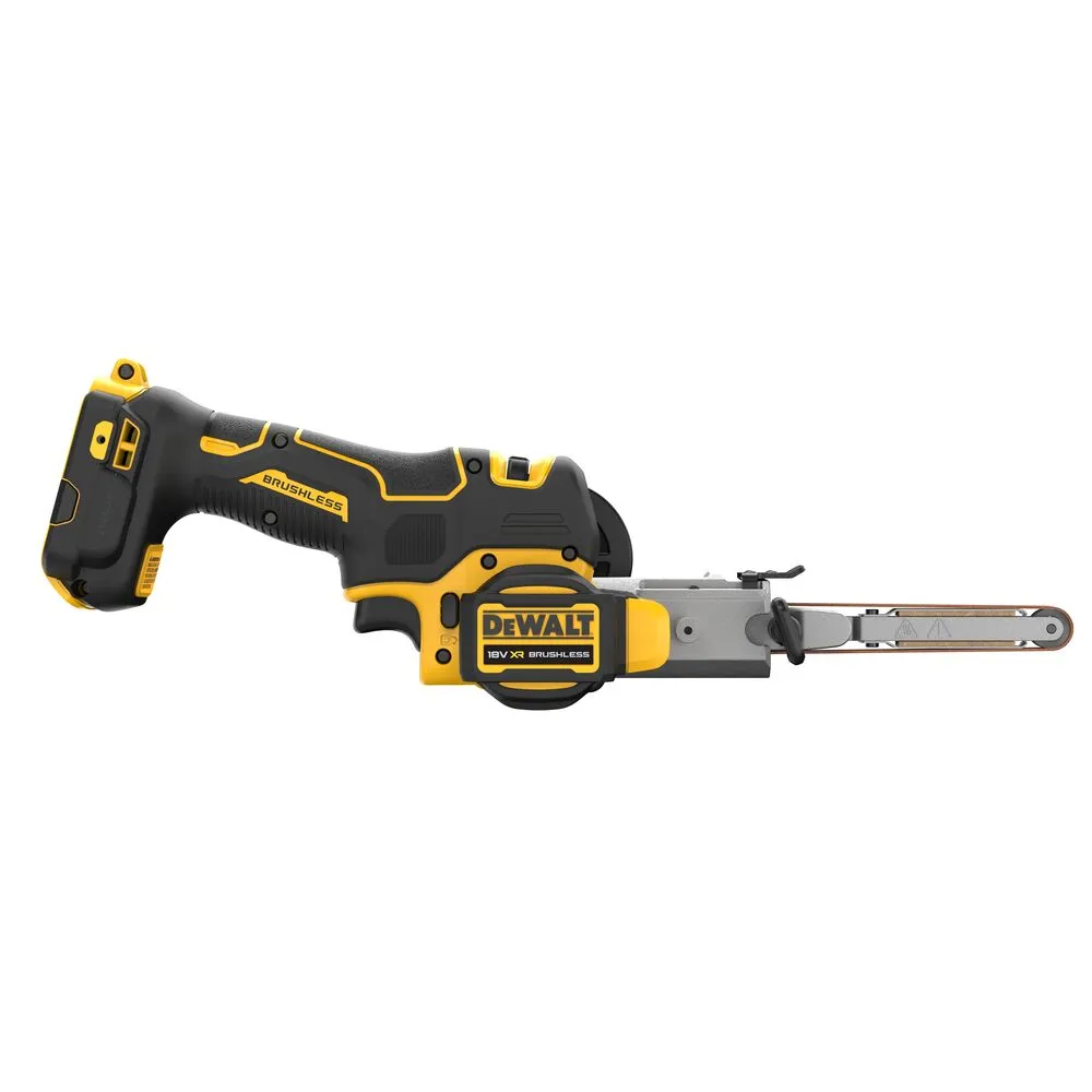 Pildil on DeWalt akulintlihvija DCM200N, millel on mustad ja kollased detailid ning pikk, kitsas lihvimisrihm.