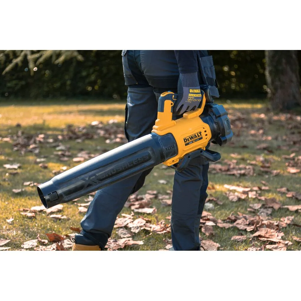 Pildil on DeWalt akutoitega lehepuhur DCMBL562P1 koos teiste tööriistadega tööriistakuuri puidust seinal.
