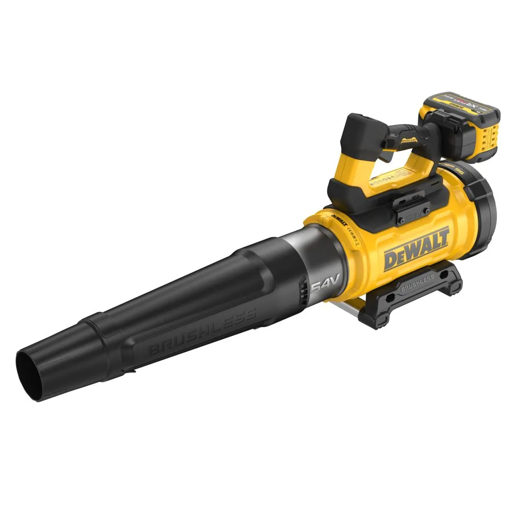 Pildil on näha kollane ja must Dewalt akutoitega lehepuhur DCMBL777X1.