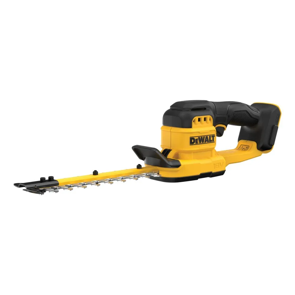 Pildil on kollane-musta värvilahendusega DeWalt akuhekipügaja DCMHT520N, millel on näha lõiketerad ja käepide.