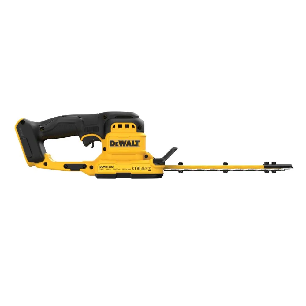 Pildil on DeWalt akuhekipügaja DCMHT520N, mis on kollane ja must ning millel on näha saehambad.
