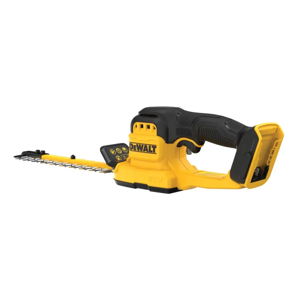 Pildil on DeWalt akuhekipügaja DCMHT520N, millel on kollase ja musta värvi korpus, lõiketerad ja käepide.