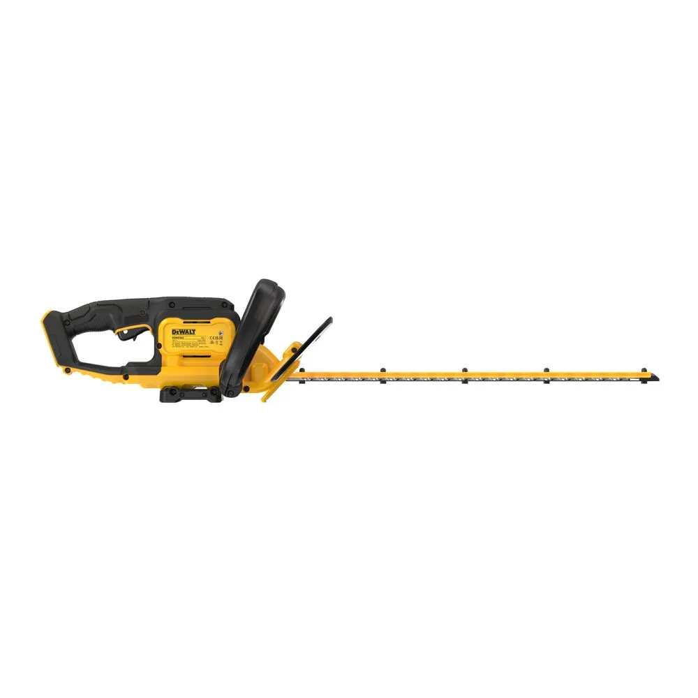 Pildil on näha kollane-must Dewalt akuhekipügaja DCMHT562N, millel on pikk teraga lõikeosa.