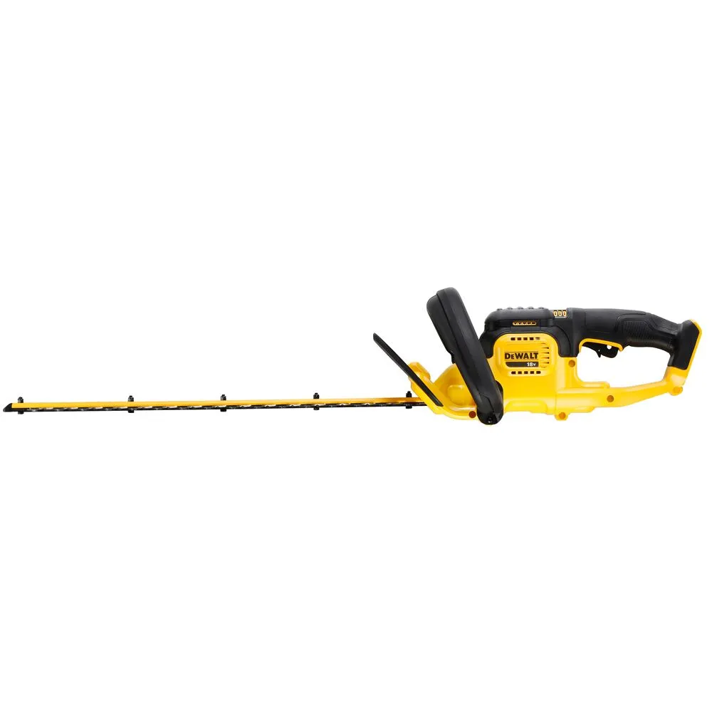 Pildil on DeWalt akuhekipügaja DCMHT563N, mis on kollase ja musta värviga ning millel on pikk lõiketerade riba.