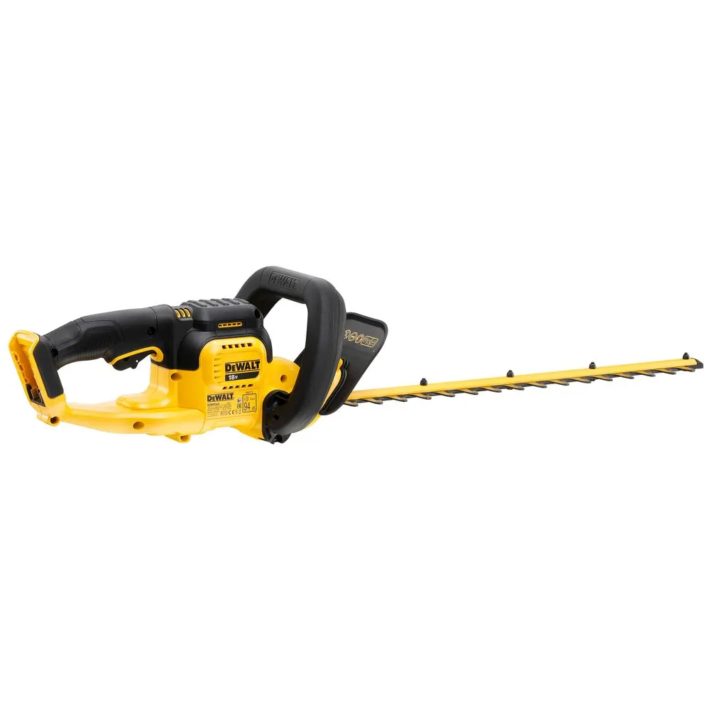 Pildil on DeWalt akuhekipügaja DCMHT563N, millel on kollane ja must korpus ning pikk lõiketerade riba.