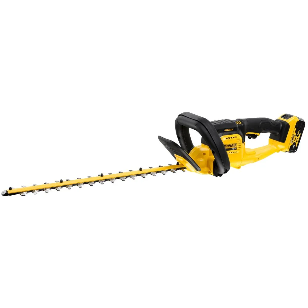 Pildil on DeWalt akuhekipügaja DCMHT563P1, mis on nähtav küljelt, koos lõiketerade ja akuga.