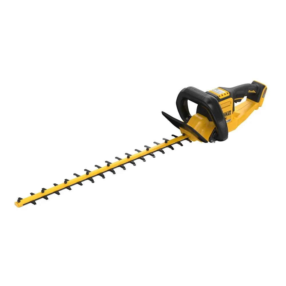 Pildil on näha kollane ja must DeWalt akutoitega hekipügaja, mis on pika teraga.