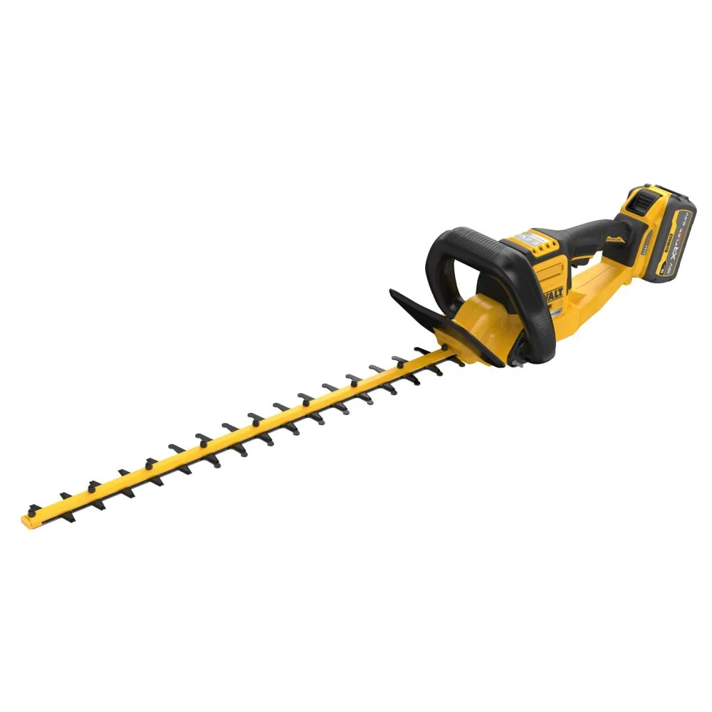 Pildil on kujutatud kollase-musta värvi DeWalt akutoitega hekipügaja, mille pikk teraga vars on eespool ja mootori osa...