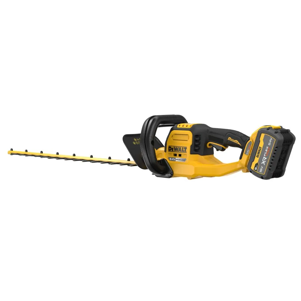 Pildil on kujutatud kollane ja musta värvi DeWalt akutoitega hekipügaja, millel on pikk teraga tera.