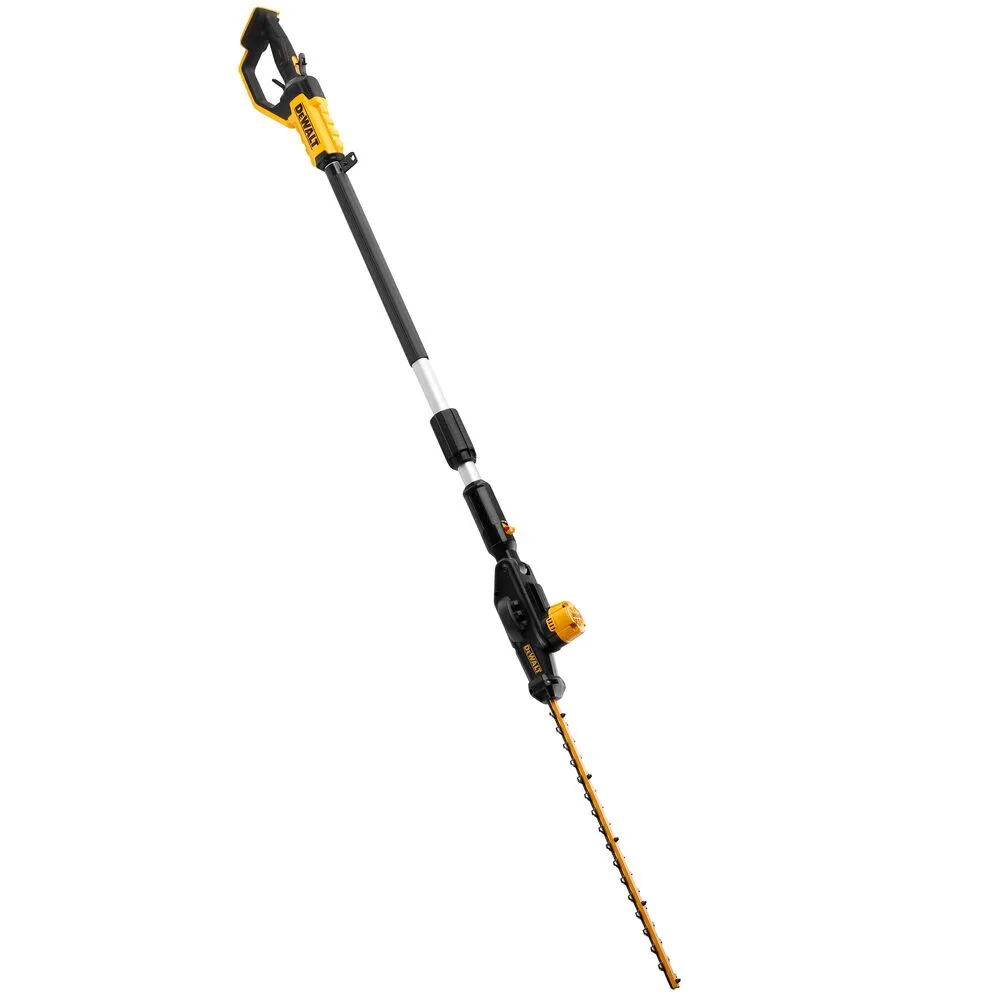 Pildil on DeWalt akuga kõrghekilõikur DCMPH566N, mis on pikendatava varrega ja oranžide lõiketeradega.