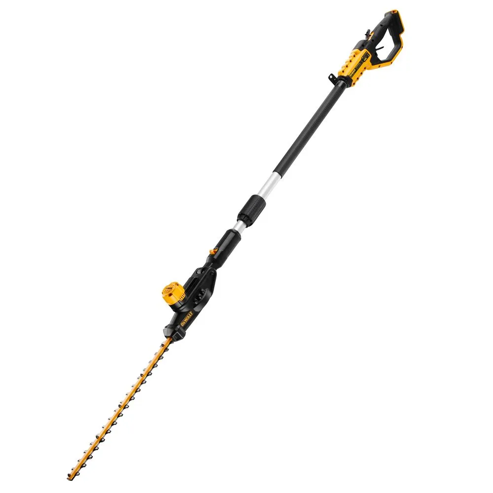 Pildil on DeWalt aku kõrghekilõikur, mis on varustatud pika teleskoopvarrega ja teradega.