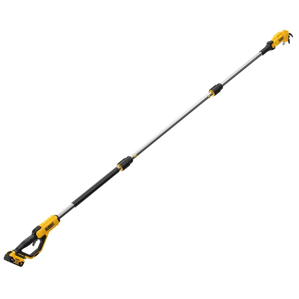 Pildil on näha DeWalt akuga teleskoop-oksalõikur, mis on pikaks pikendatud ja asub valgel taustal.