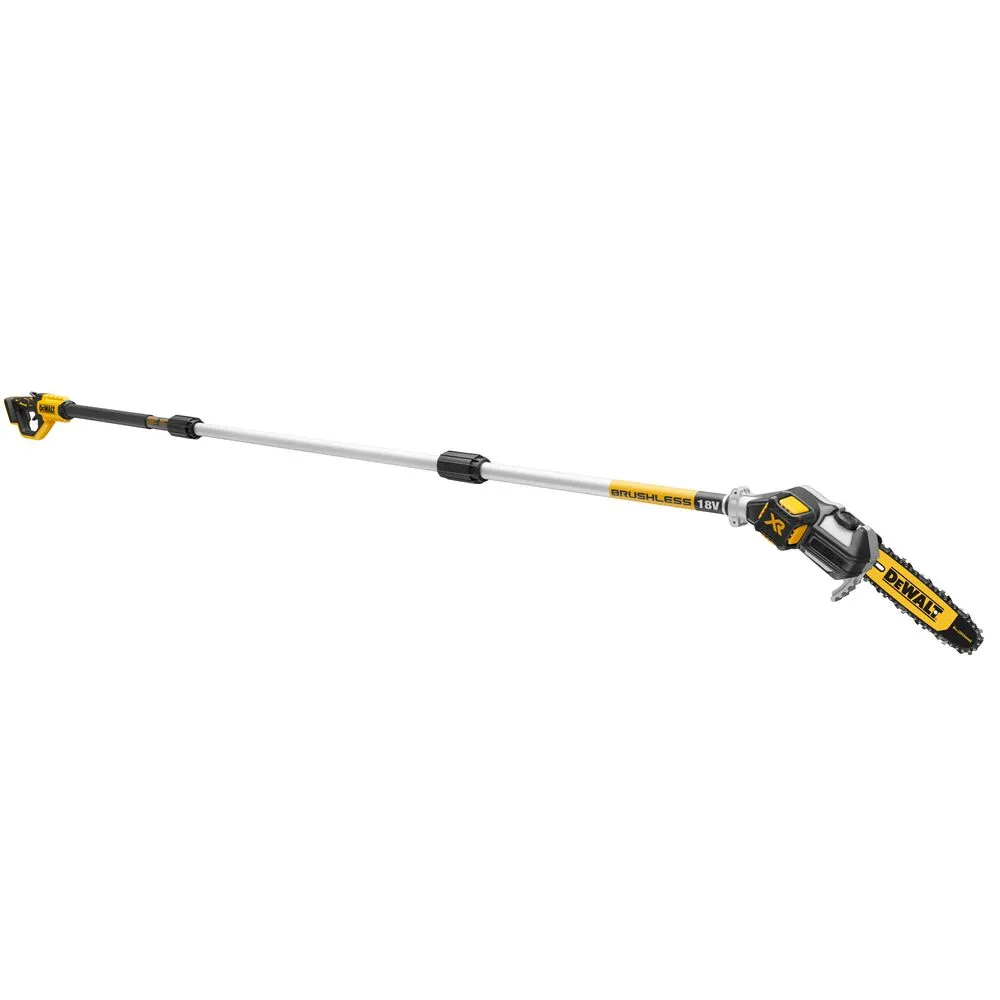 Pildil on DeWalt akutoitel teleskoop-oksasaag, mis on valge tausta vastu.