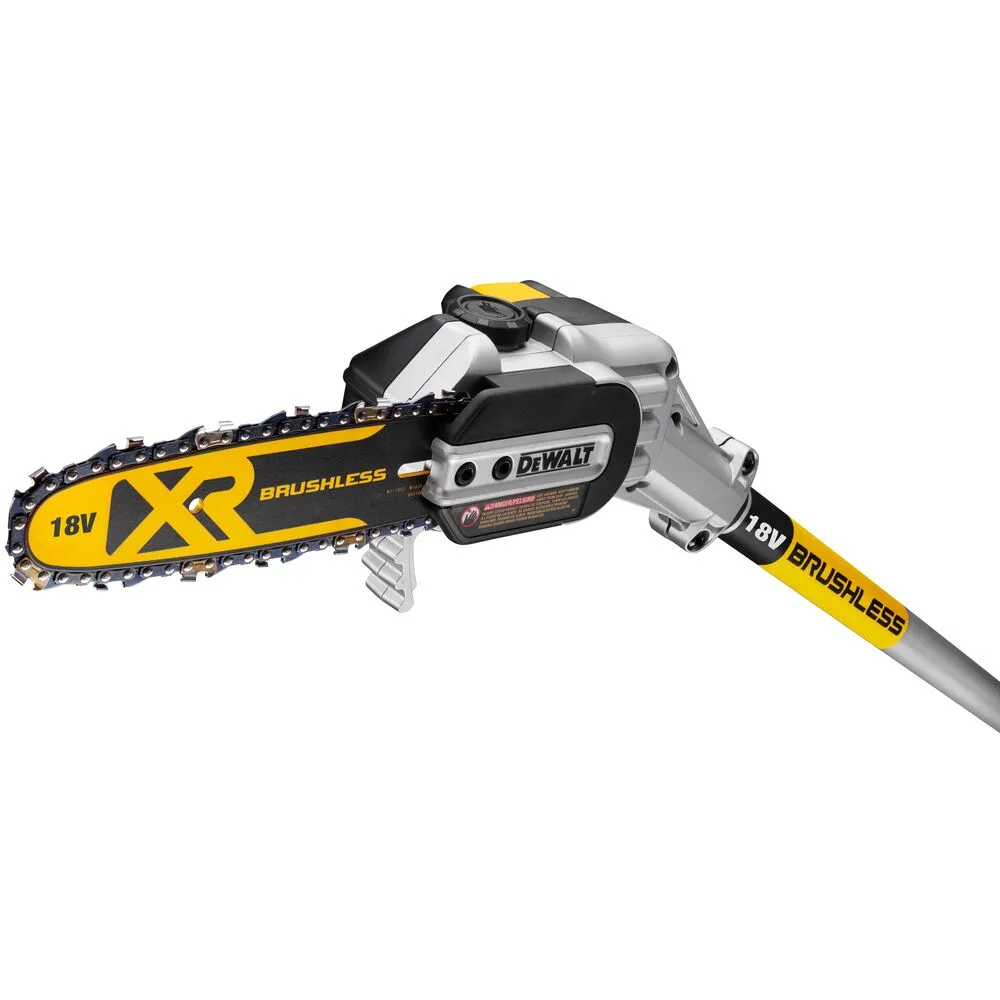 Pildil on DeWalt akutoitel teleskoop-oksasaag DCMPS567N, millel on oksasaag, pikendusvarras ja mootor, mille külge need...