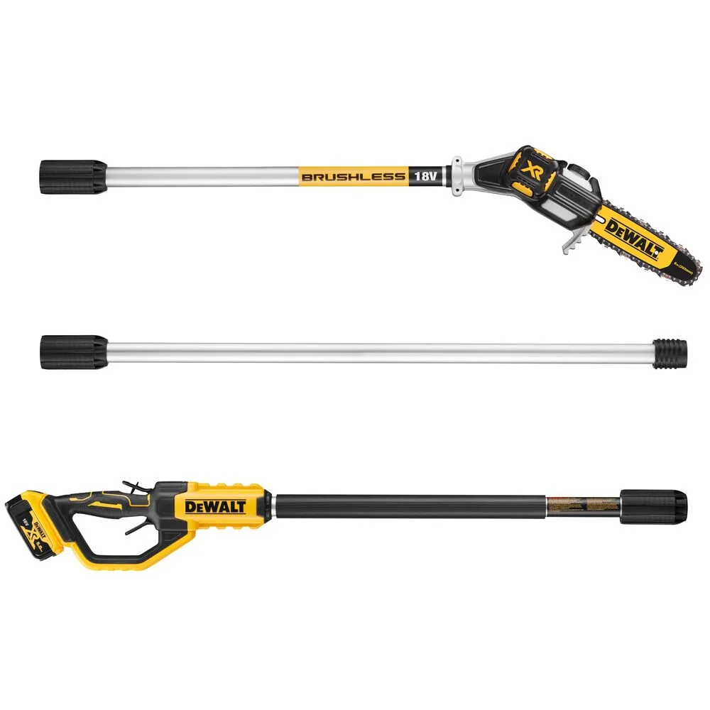 Pildil on DeWalt akutoitel teleskoop-oksasaag, millel on pikk teleskoopvars ja saekettaga pea.