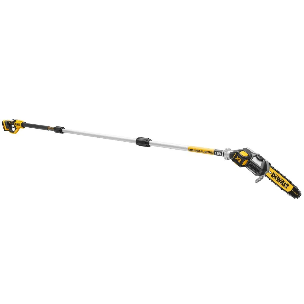 Pildil on DeWalt akutoitel teleskoop-oksasaag, mida näidatakse valgel taustal.