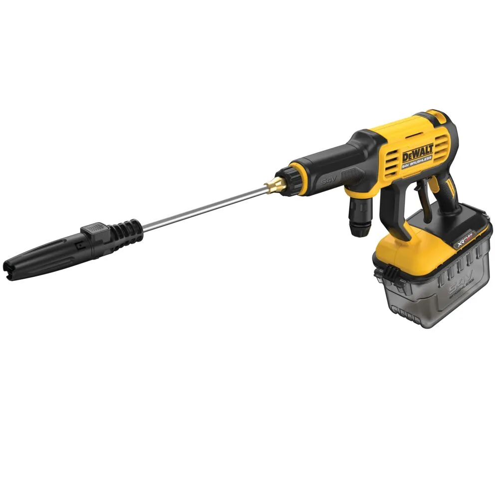 Pildil on näha kollane ja must DeWalt akusurvepesur koos pikendustoru ja otsikuga.
