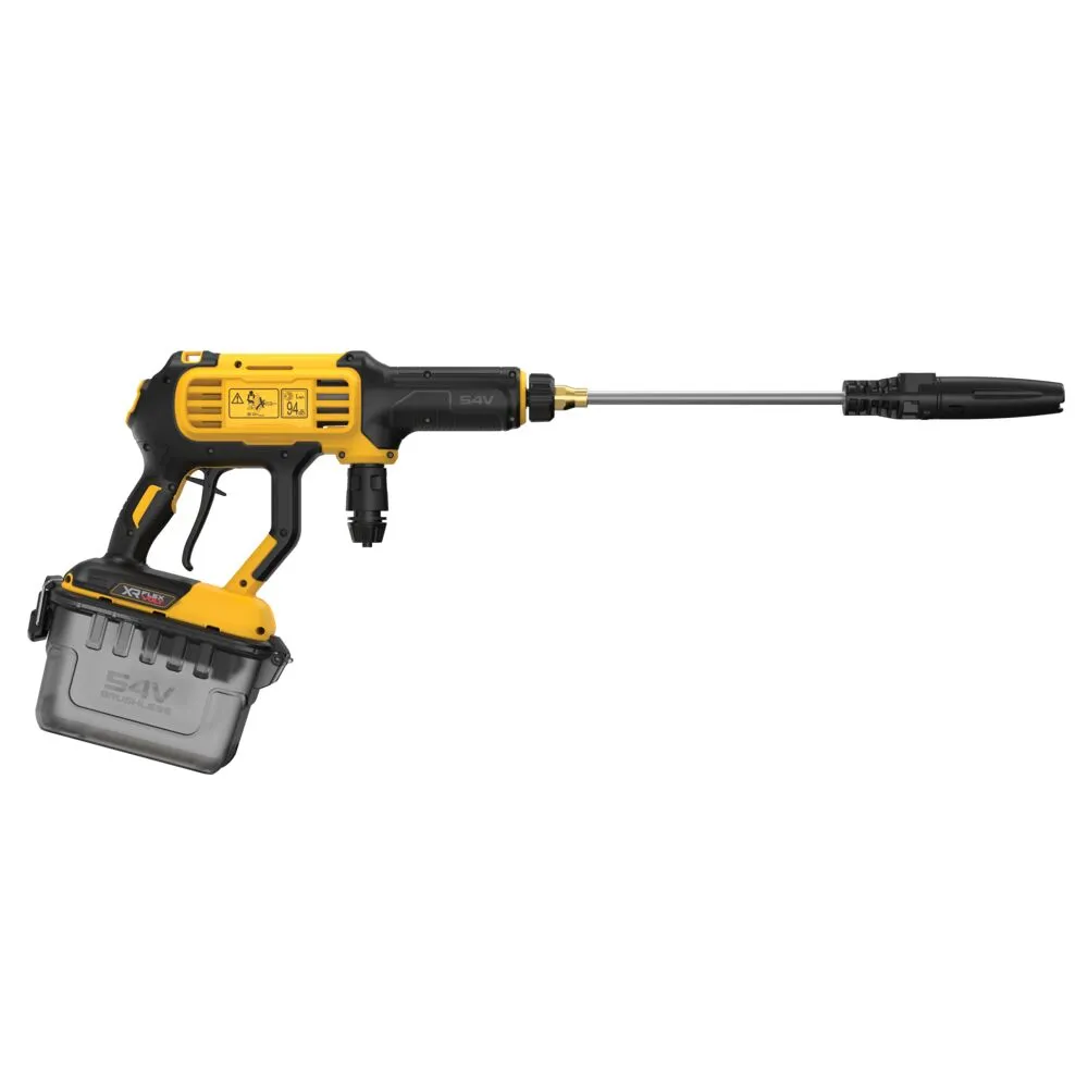 Pildil on kujutatud DeWalt akusurvepesurit DCMPW1000N, millel on kollane ja must korpus ning eemaldatav akupakk.