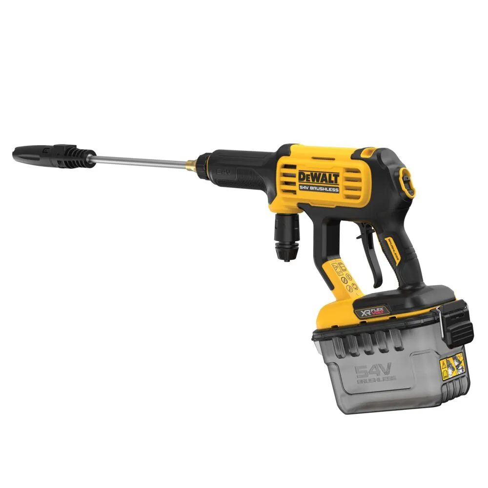 Pildil on näha DeWalt akusurvepesur, mis on varustatud harjadeta mootori ja 54V XR FLEXVOLT akuga.
