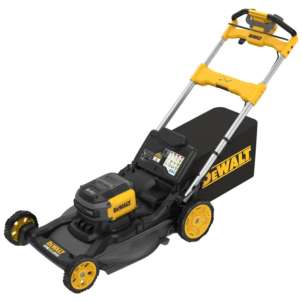 Pildil on näha DeWalt DCMWSP660N akumuruniiduk, millel on selgelt eristuv kollane ja must värvilahendus, rehvid, käepide...