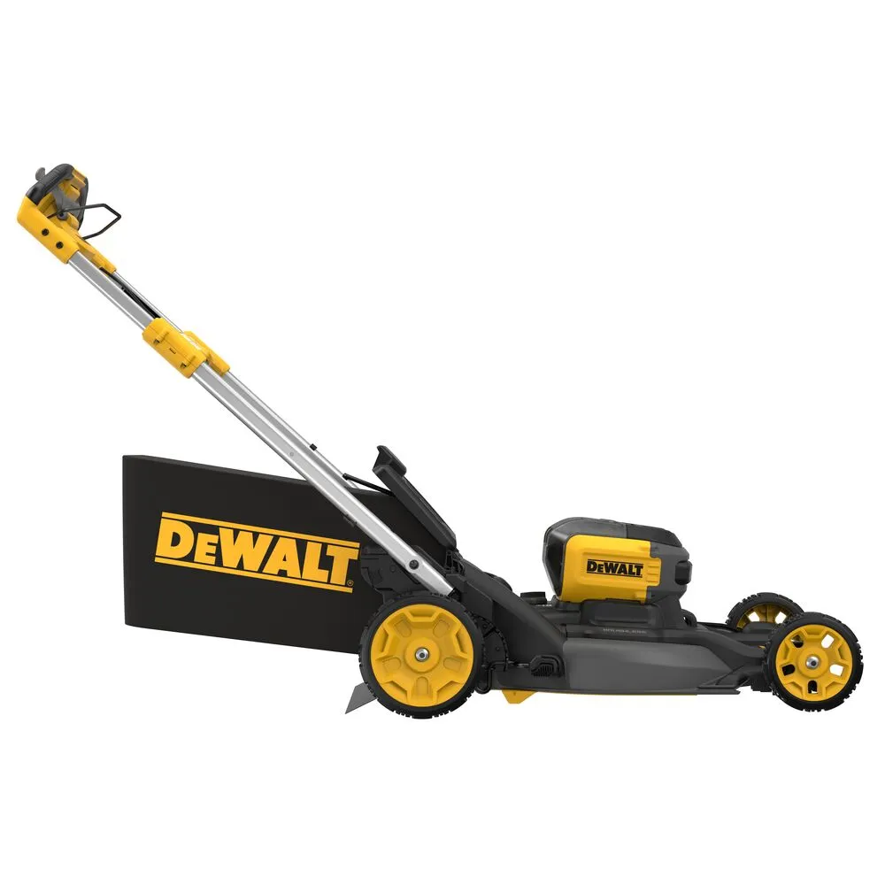 Pildil on näha DeWalt akumuruniiduk DCMWSP660N, mille küljes on murukogumiskott.