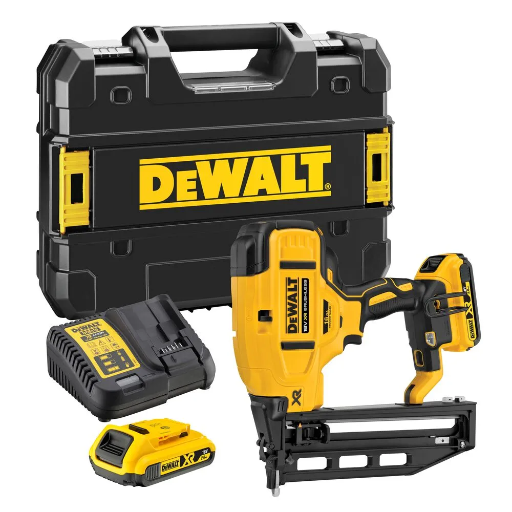 Pildil on näha Dewalt 16GA akutoitega naelapüstol koos laadija, aku ja hoiukohvriga.