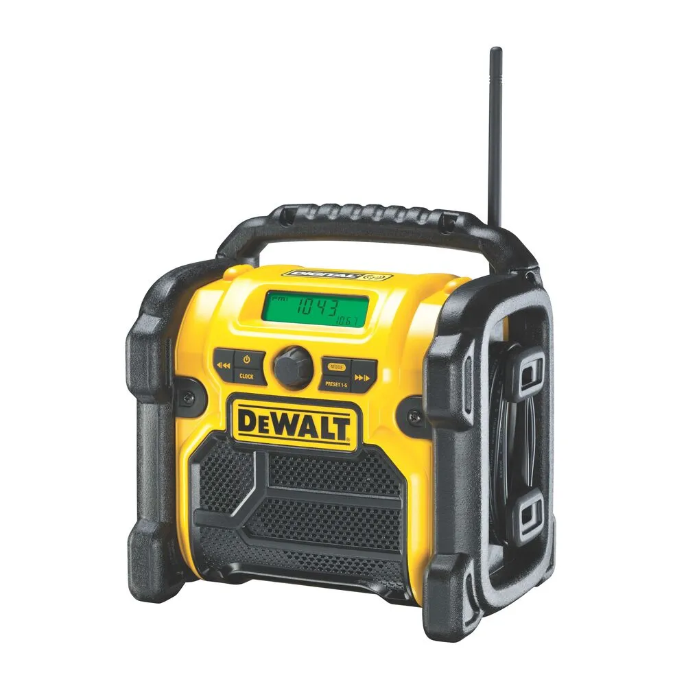 Pildil on näha DeWalt DCR020 raadio, mis on kollast ja musta värvi tööriist, millel on käepide ja antenn.