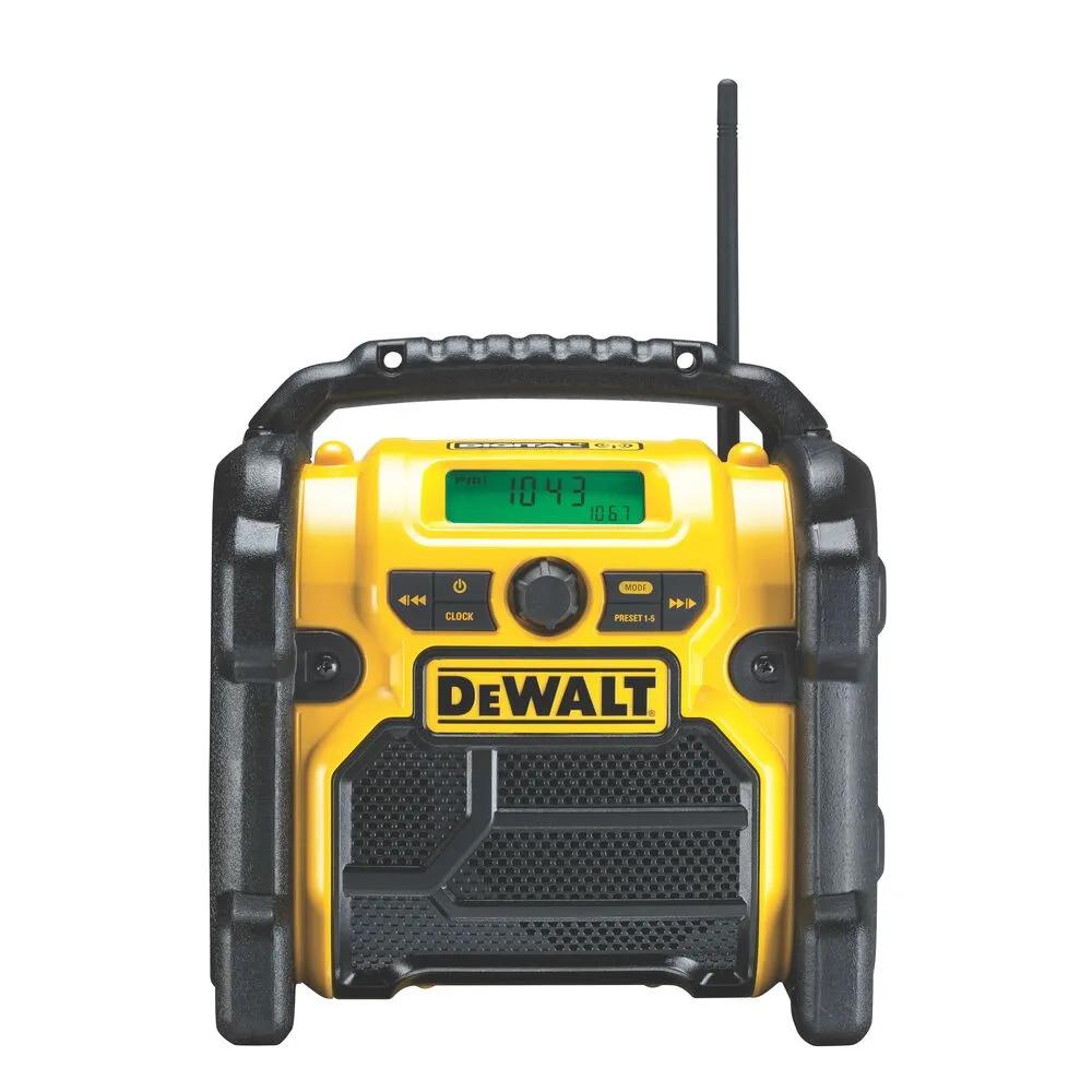 Pildil on kujutatud DeWalt raadio DCR020, mis on kollast ja musta värvi.