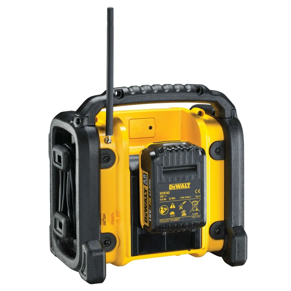 Pildil on näha kollane ja must DeWalt raadio DCR020 antenniga, ilma aku ja laadijata.